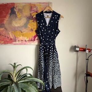 Anne Klein Navy and White Polka Dot Midi Dress